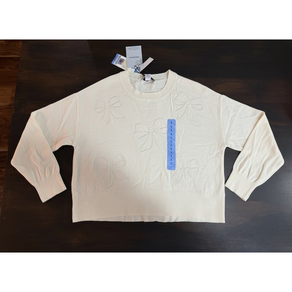 NWT Bridgerton L Cream Bow Detail Crewneck Sweater
